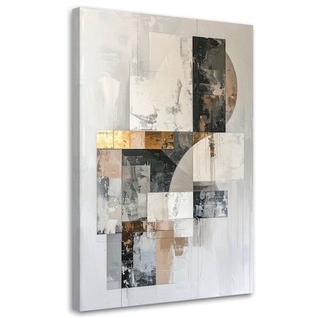 Obraz do salonu, Abstrakcja geometryczna w bieli szarości beżu i złotych akcentach 20x30 cm