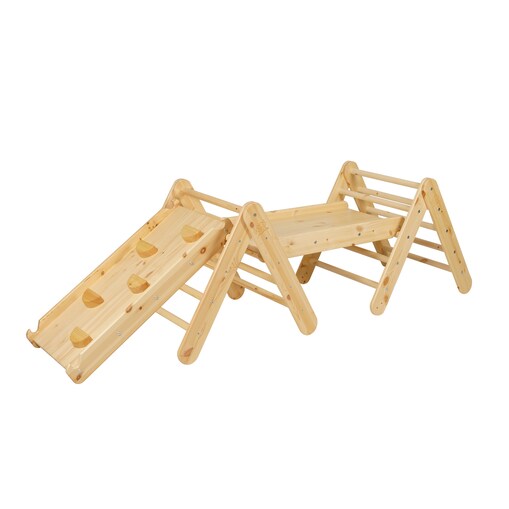 Meowbaby® Dwie Drewniane Drabinki dla Dzieci + Dwie Zjeżdżalnie-Ścianki wspinaczkowe, Zestaw Naturalny