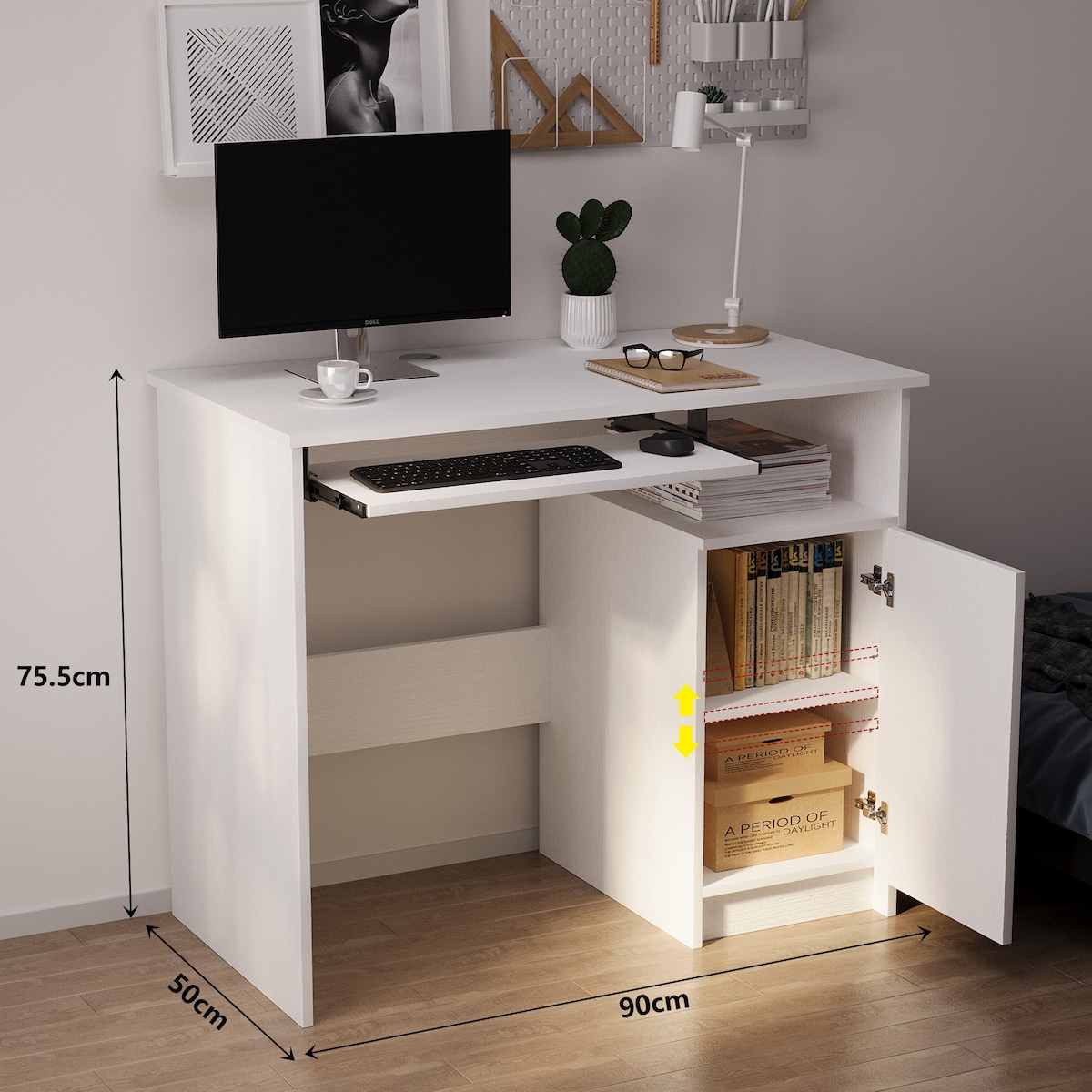 Nowoczesne biurko komputerowe z półką pod klawiaturę białe z szafką loft