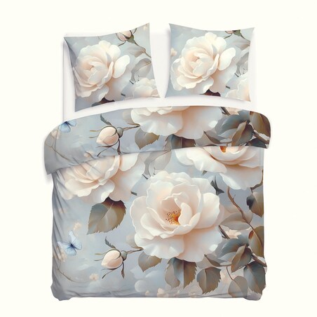 Pościel satyna bawełniana 220x200 Riviera szara w kremowe róże, Satynlove Premium