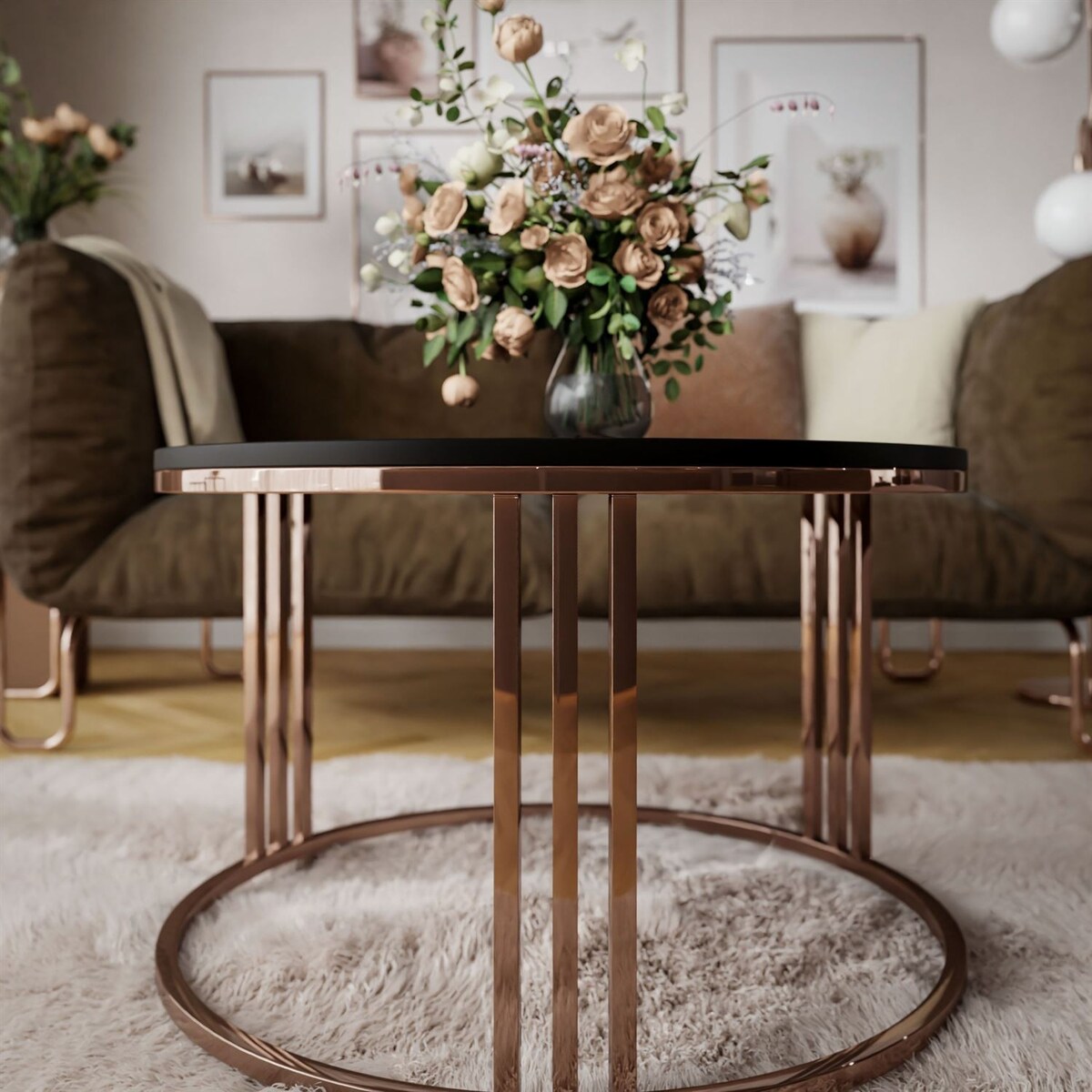 Okrągły stolik kawowy LORI mat z miedzianym stelażem, czarny mat