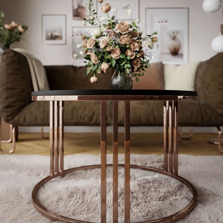 Okrągły stolik kawowy LORI mat z miedzianym stelażem, czarny mat