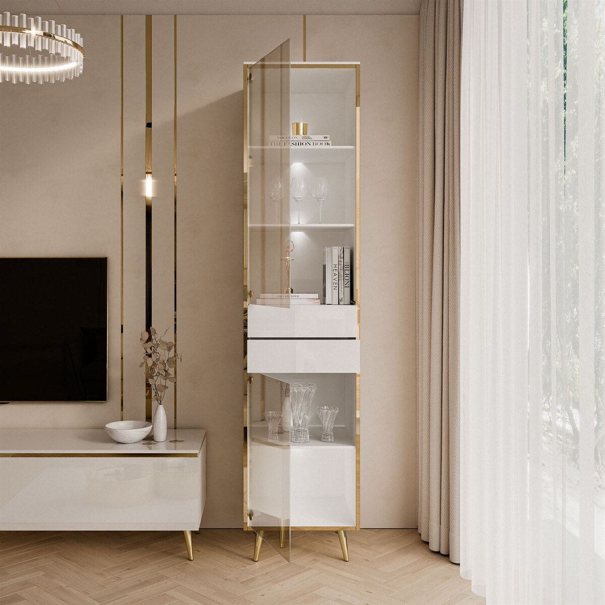 Witryna AURORA z oświetleniem LED biały połysk nogi skośne