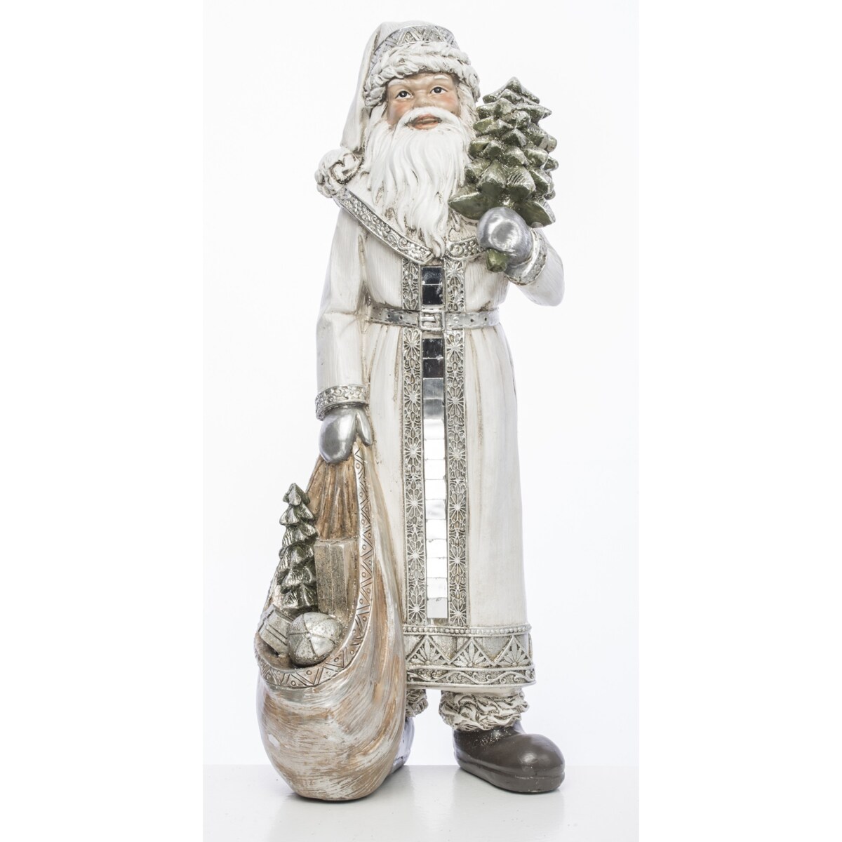 Mikołaj w płaszczu z workiem prezentów i choinką 31,5x13x11 cm