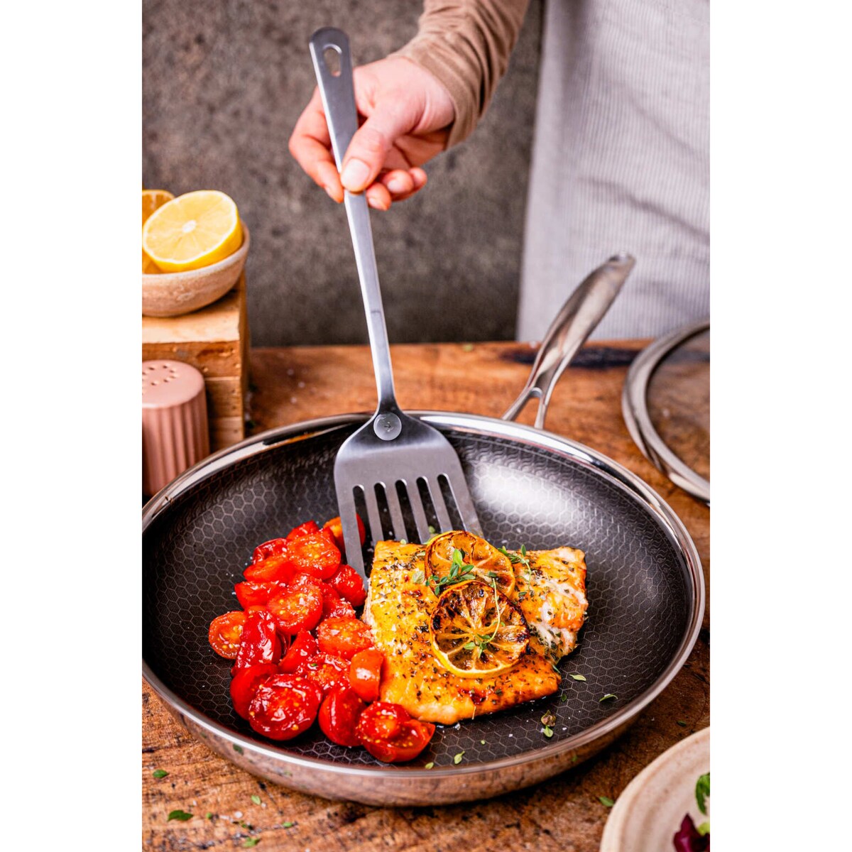 Profesjonalna patelnia ceramiczna Kanso 28 cm z pokrywką Plaster miodu Na indukcje Na gaz Nierdzewna