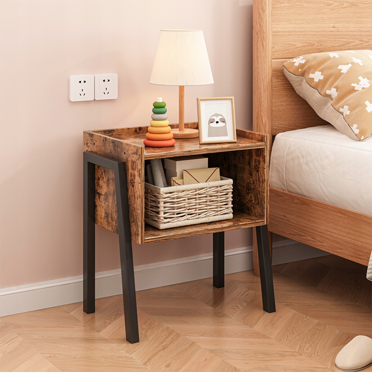 Szafka nocna loft stolik rustykalny półka drewniana industrialna sypialnia