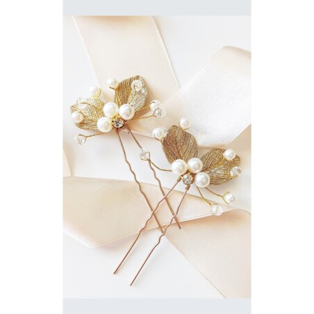 Komplet złotych kokówek z listkami i perełkami