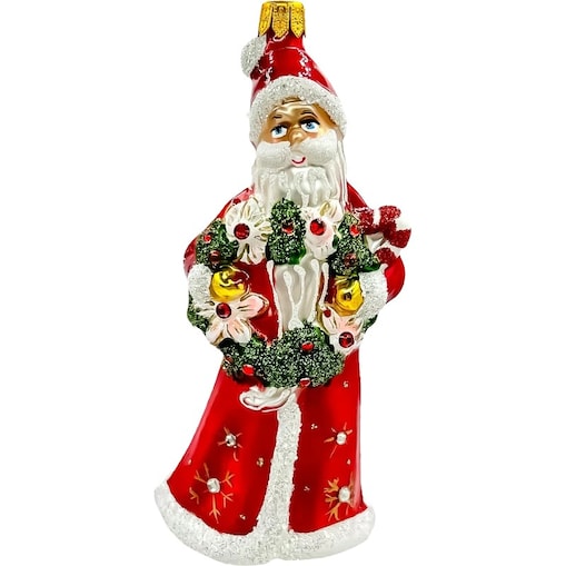 Bombka choinkowa: Święty Mikołaj z wieńcem świątecznym