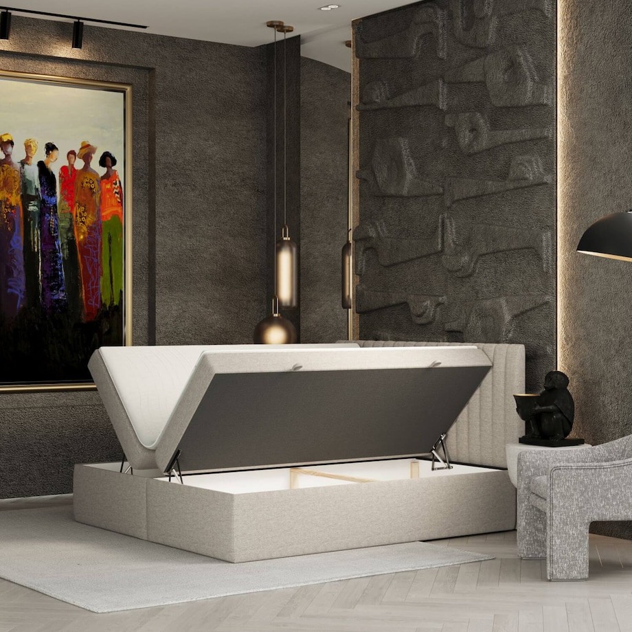 Łóżko tapicerowane MALDON 140x200 z pojemnikiem, Jasny Beż, tkanina Megan 353