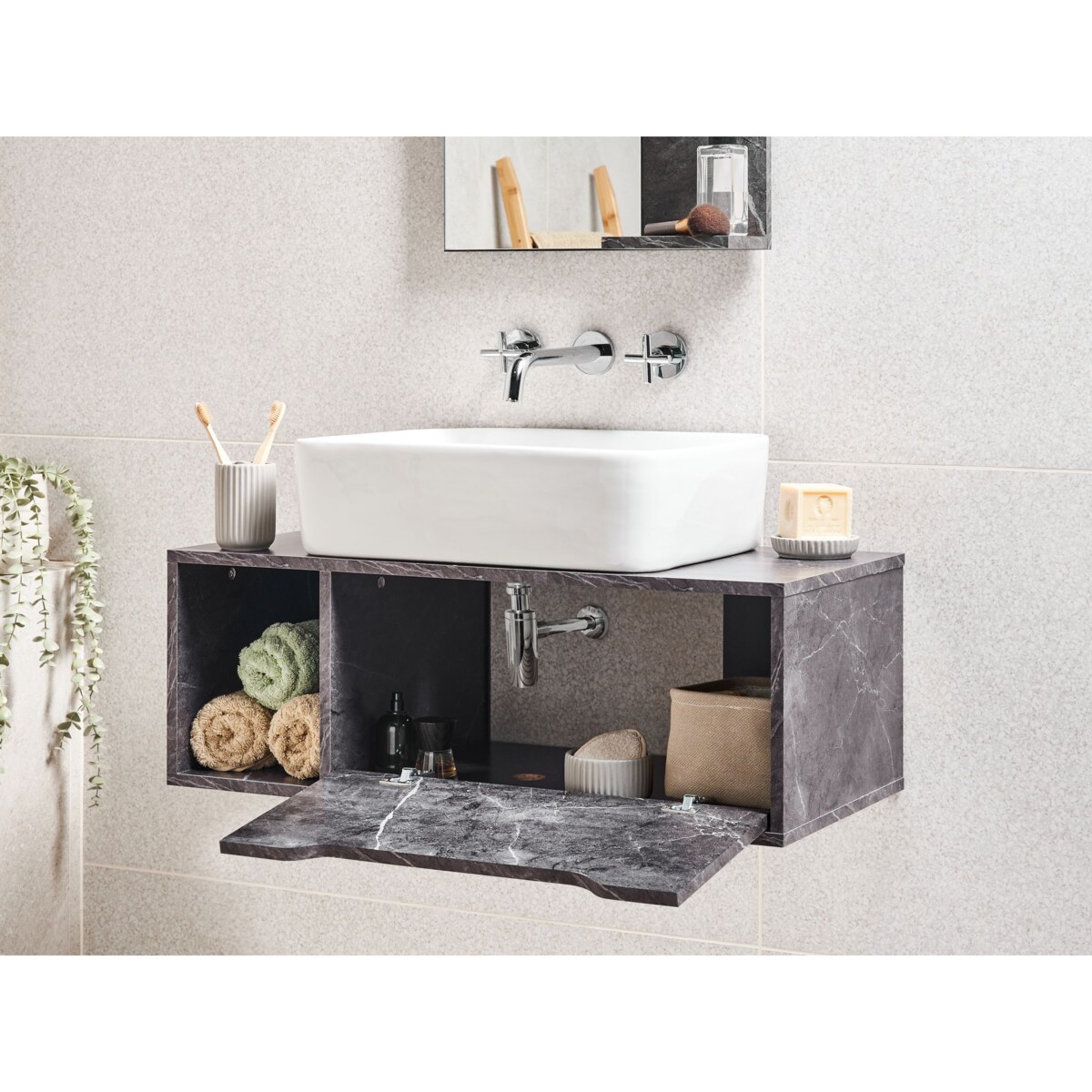 Wisząca szafka pod umywalkę CASCAVEL 80 cm Czarny marmur