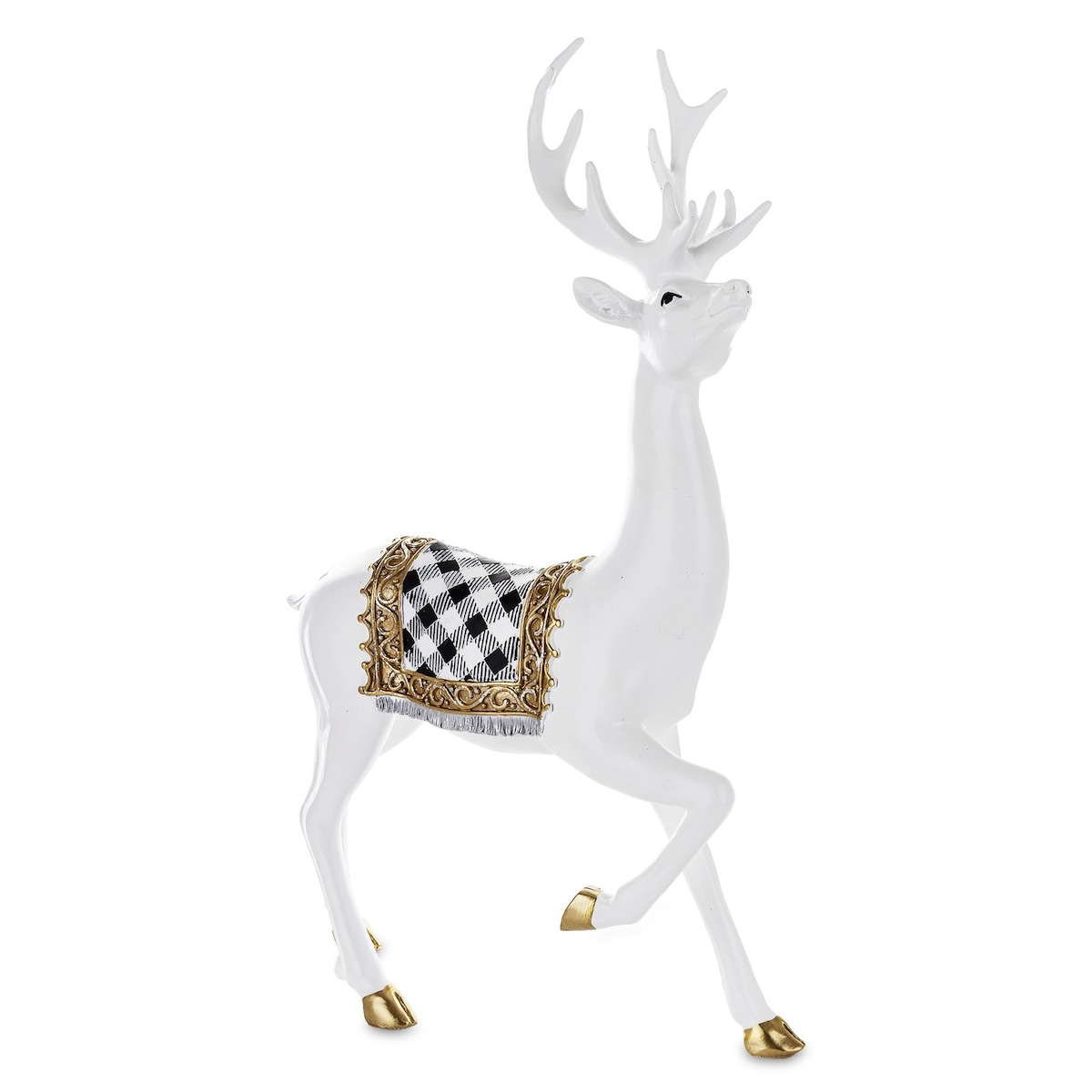 Figurka - spacer białego jelenia 46x28x14 cm BOLLERO-3 z czaprakiem w szachownicę