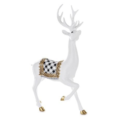 Figurka - spacer białego jelenia 46x28x14 cm BOLLERO-3 z czaprakiem w szachownicę