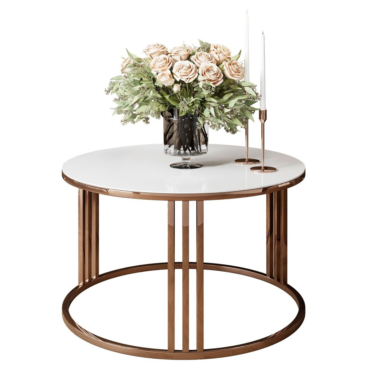 Okrągły stolik kawowy LORI GLASS z miedzianym stelażem, białe szkło