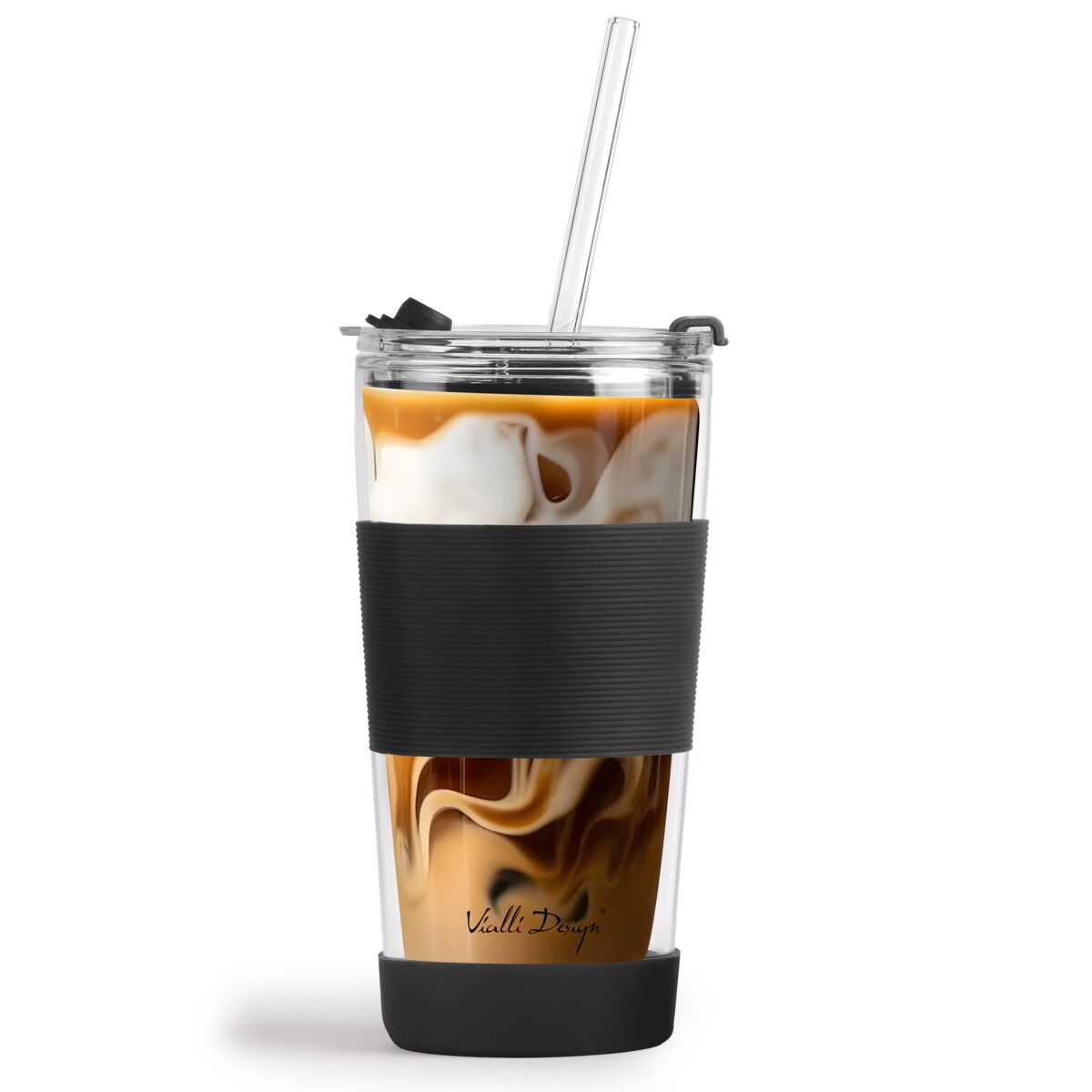 Kubek termiczny szklany ze słomką 600 ml czarny Fuori 30374