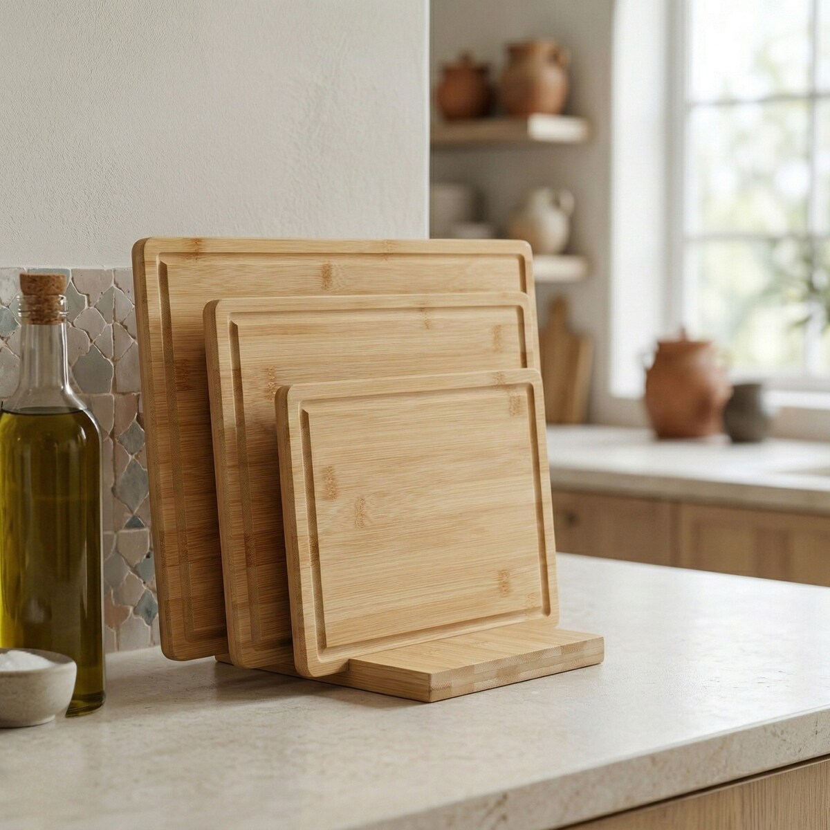 Zestaw 3 bambusowych desek do krojenia ze stojakiem DOSSIER