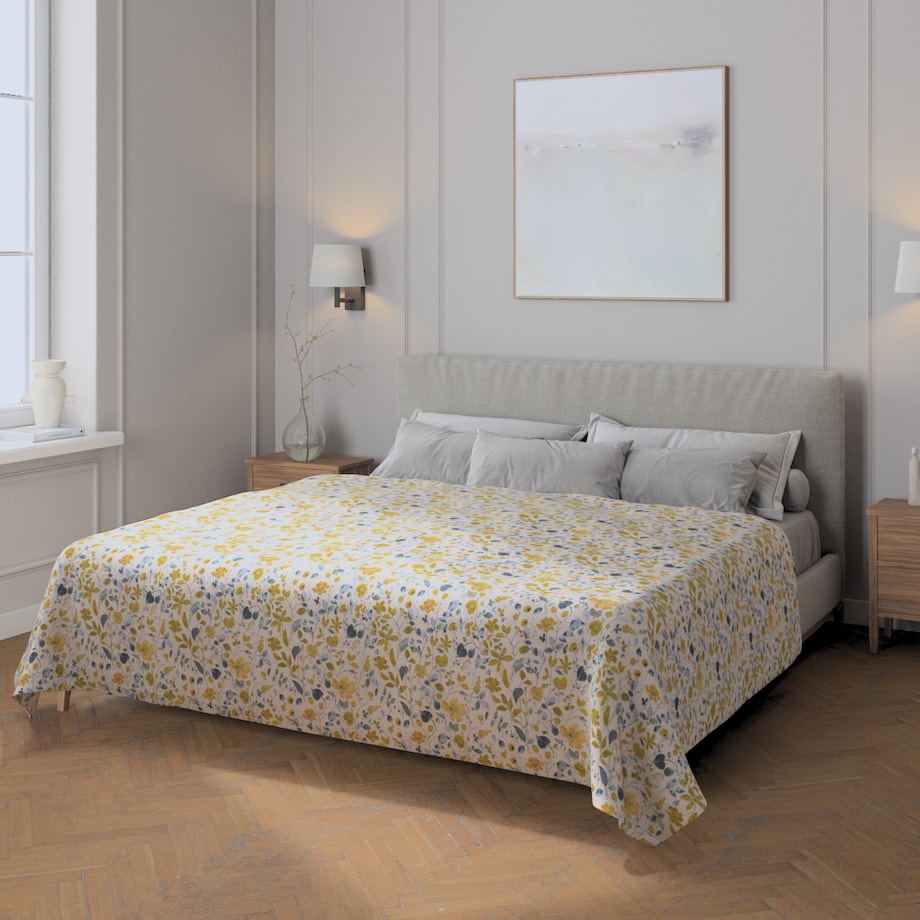 Pled narzuta 220x260cm 220x260 żółto-niebieskie kwiaty na kremowym tle