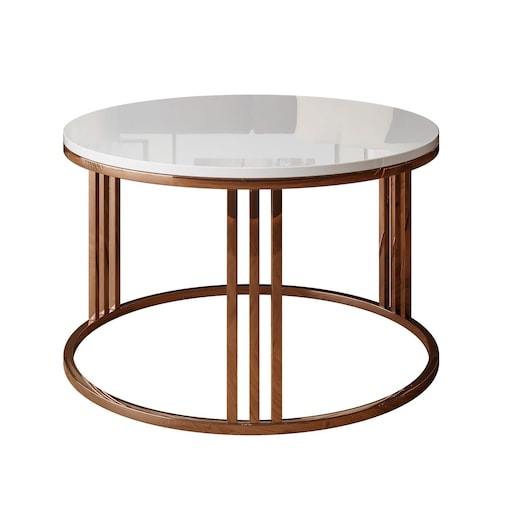 Okrągły stolik kawowy LORI połysk z miedzianym stelażem, biały połysk