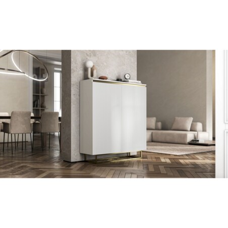 Komoda Glamour Szafka RTV Biały MAT ryflowane fronty złote akcenty 110,8 cm
