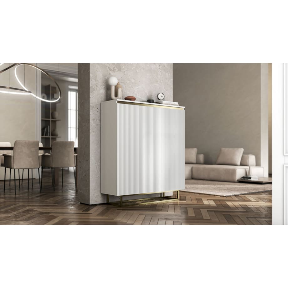 Komoda Glamour Szafka RTV Biały MAT ryflowane fronty złote akcenty 110,8 cm