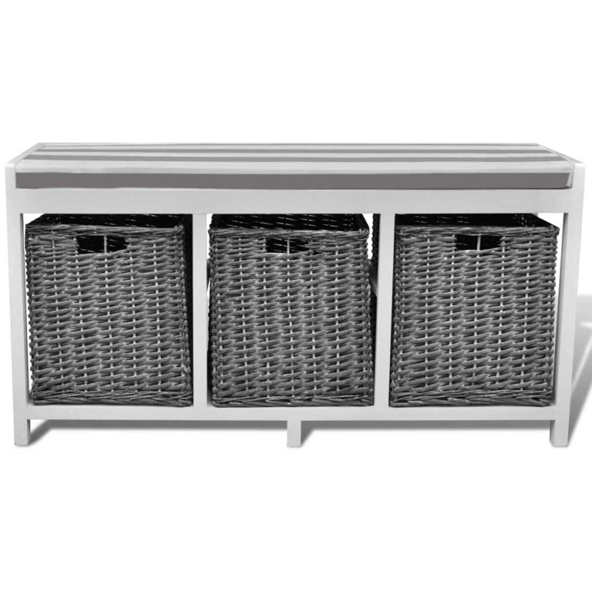 Ławka do przedpokoju, biała, z trzema koszami i poduszką