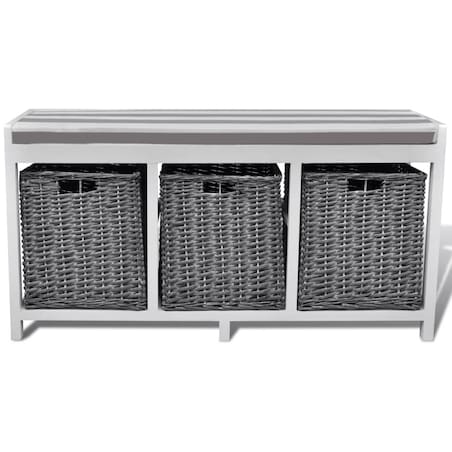 Ławka do przedpokoju, biała, z trzema koszami i poduszką