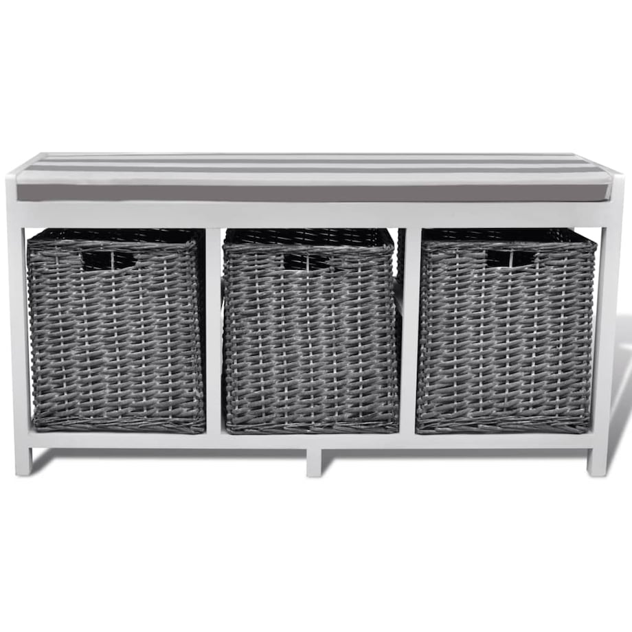 Ławka do przedpokoju, biała, z trzema koszami i poduszką