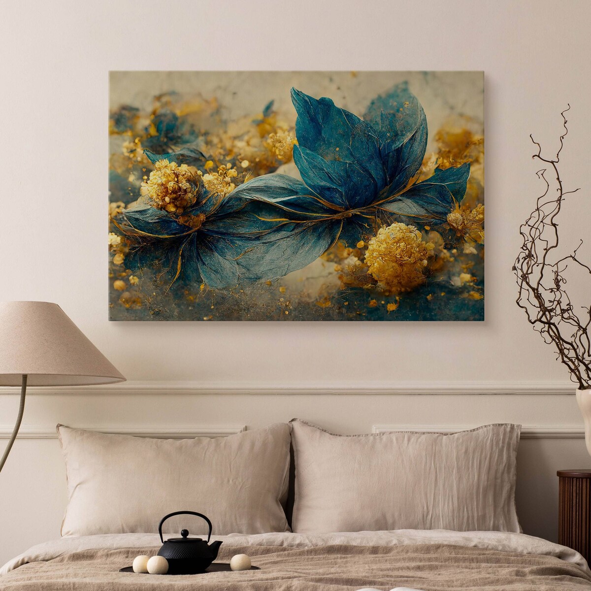 Obraz Do Salonu Niebiesko-Złote Kwiaty Styl Glamour Abstrakcja 120x80cm