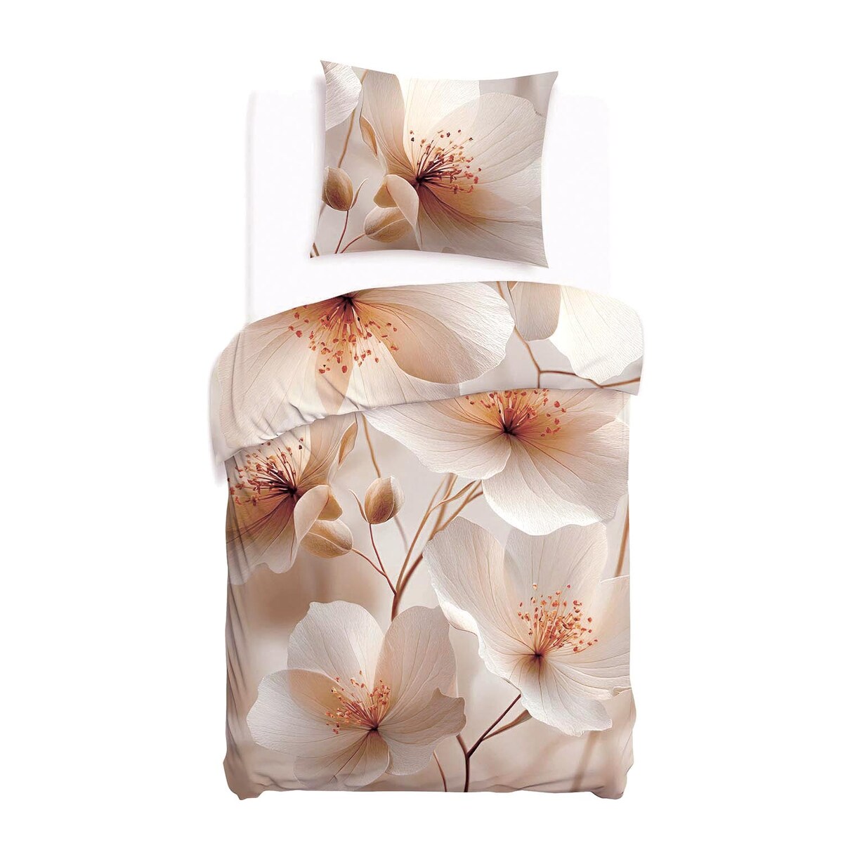 Pościel satyna bawełniana 140x200 Elize jasne beżowe kwiaty na kremowym tle, Satynlove Premium