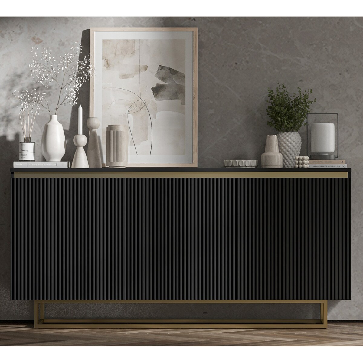 Komoda Glamour Szafka RTV Czarny MAT ryflowane fronty złote akcenty 166,8 cm