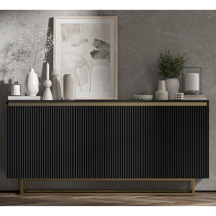 Komoda Glamour Szafka RTV Czarny MAT ryflowane fronty złote akcenty 166,8 cm
