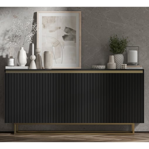 Komoda Glamour Szafka RTV Czarny MAT ryflowane fronty złote akcenty 166,8 cm