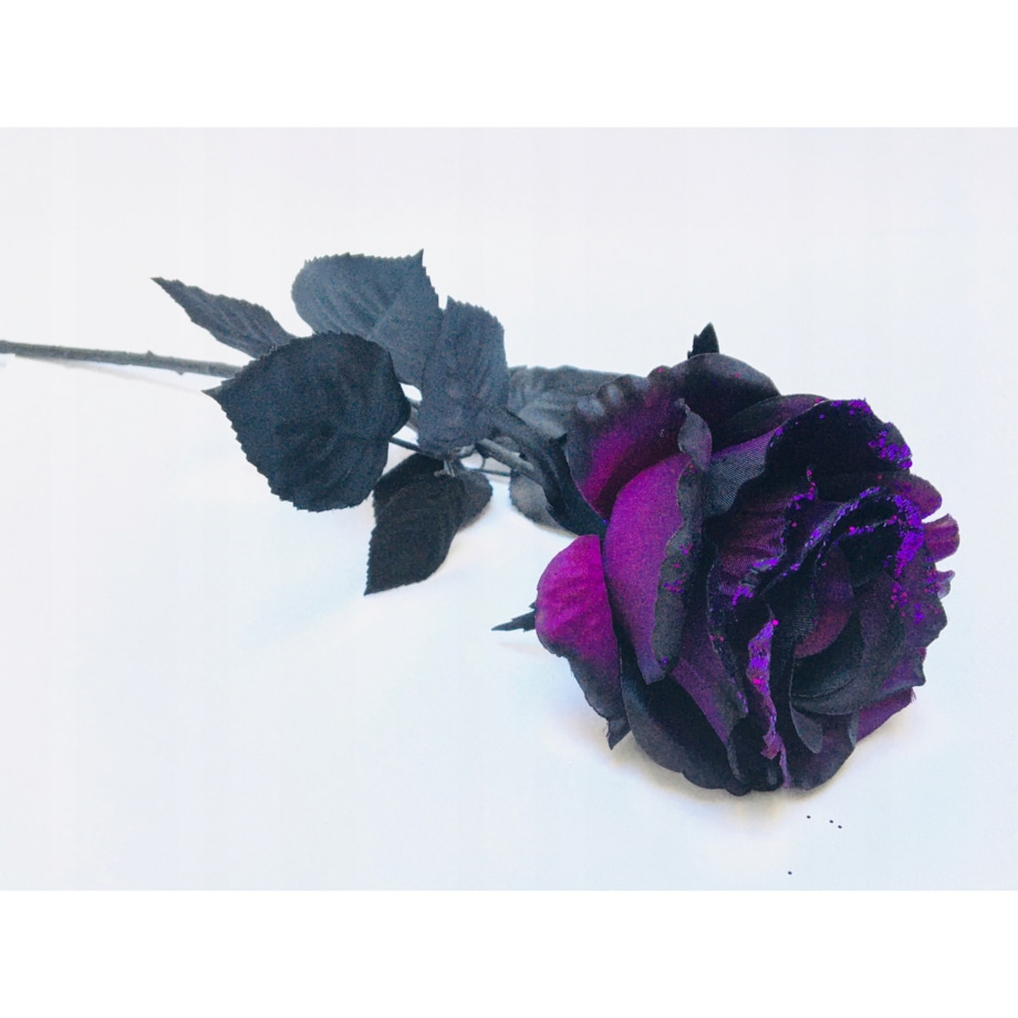 ŁODYGA RÓŻA Z BROKATEM fioletowo czarna liść do flakonu święta bukietu 65cm