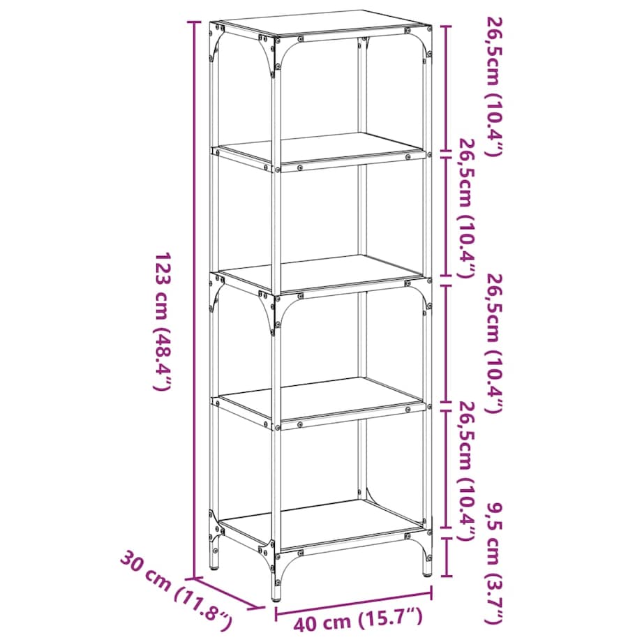 vidaXL Regał z przezroczystymi, szklanymi półkami, 40x30x123 cm, stal