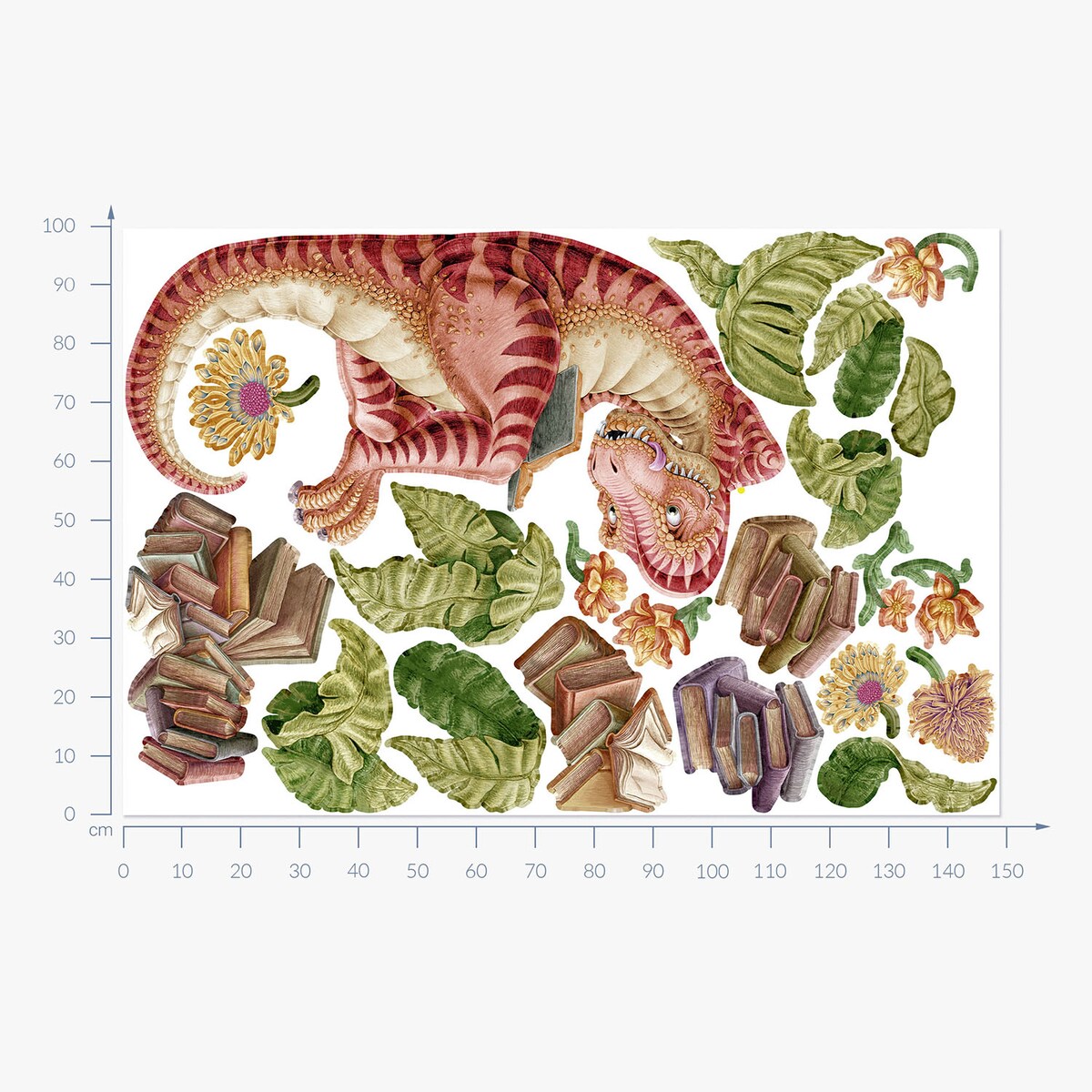 Zestaw naklejek na ścianę, Pastelowy dinozaur czytelnik, 100cm