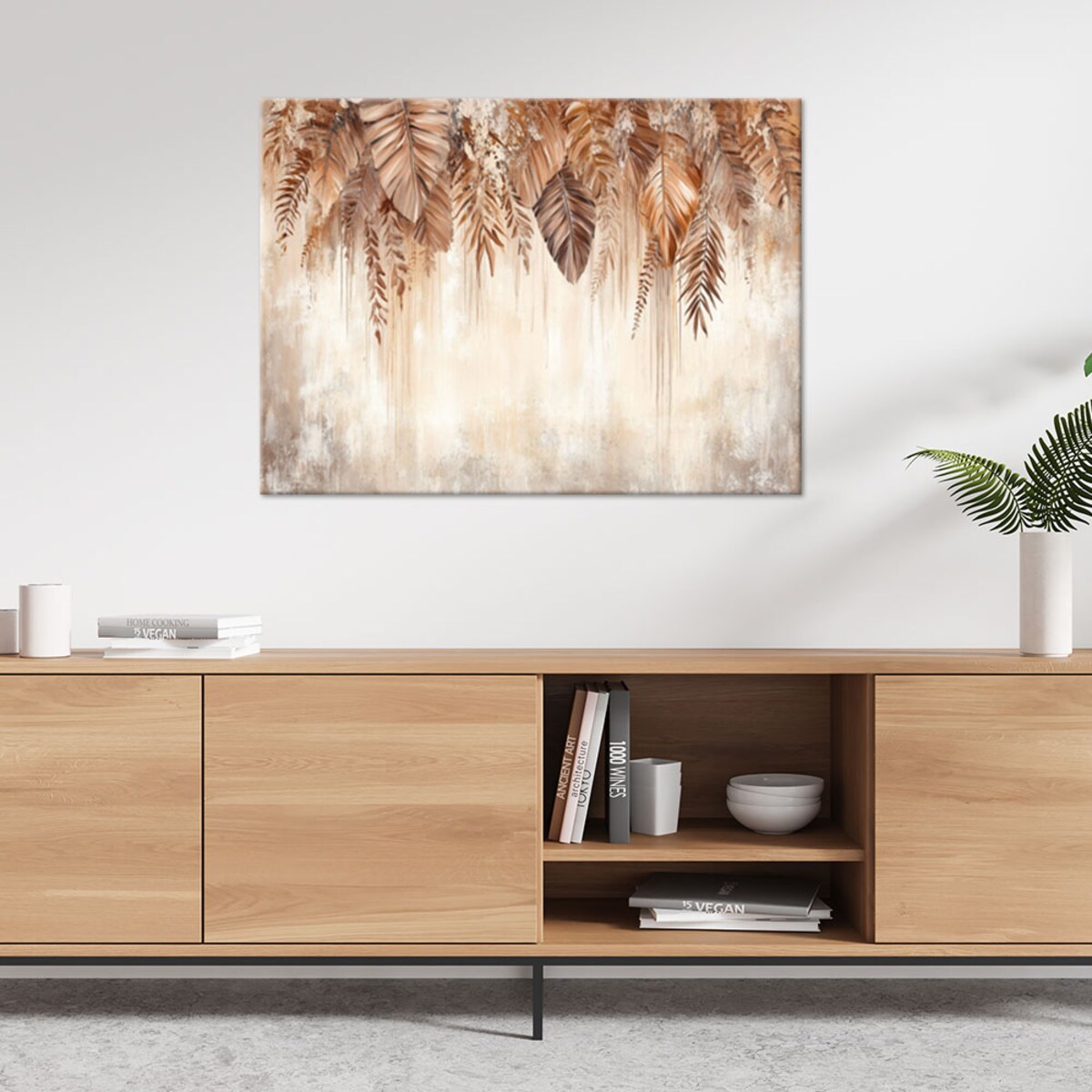 Nowoczesny Obraz do salonu sypialni Wiszące beżowo brązowe liście natura boho 120x80