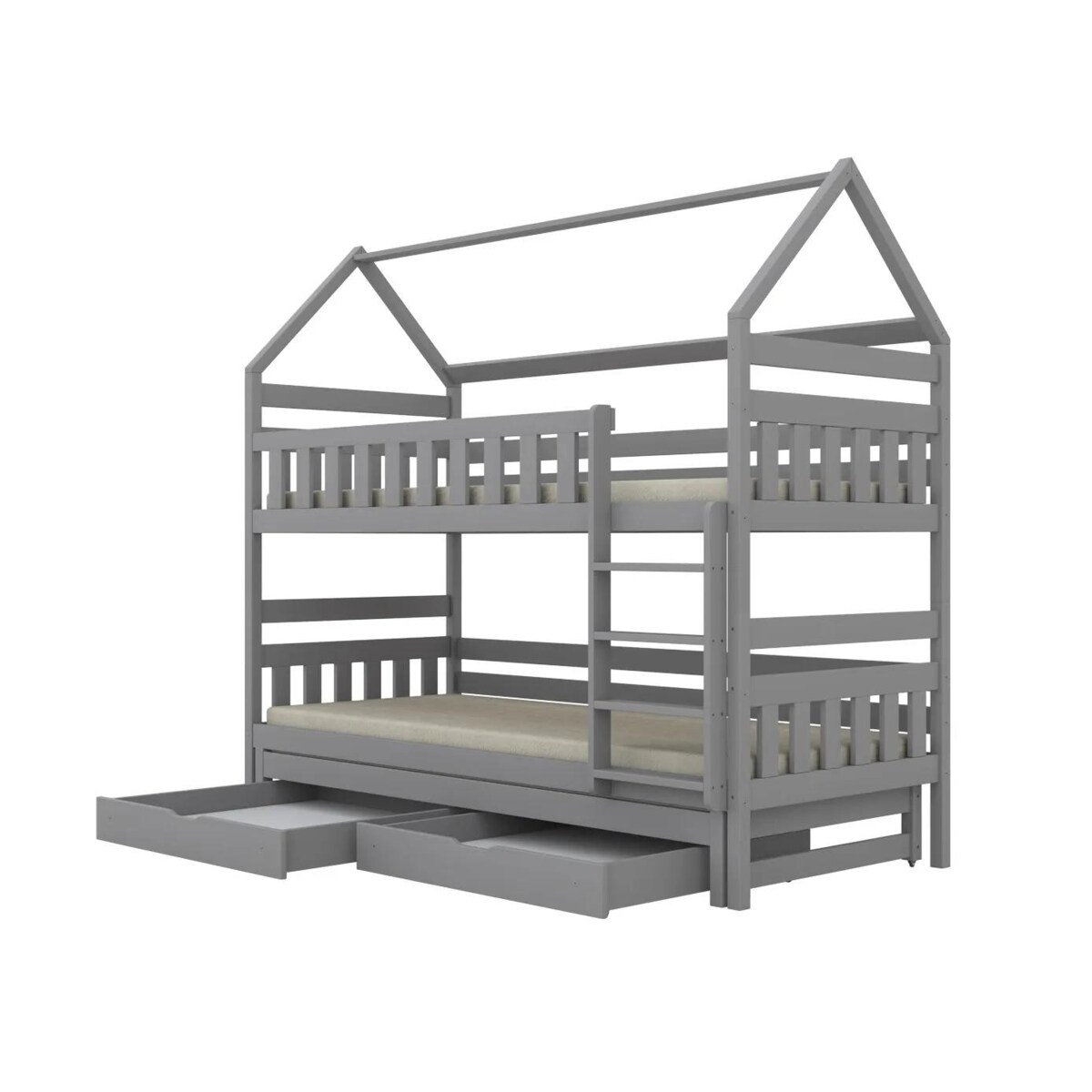 Łóżko piętrowe domek FELIKS 200x90 szare drewniane trzyosobowe z szufladami