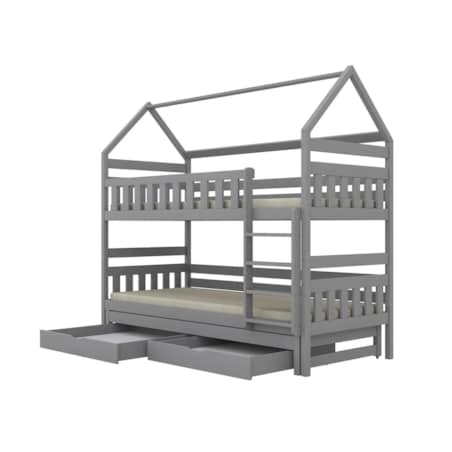 Łóżko piętrowe domek FELIKS 200x90 szare drewniane trzyosobowe z szufladami
