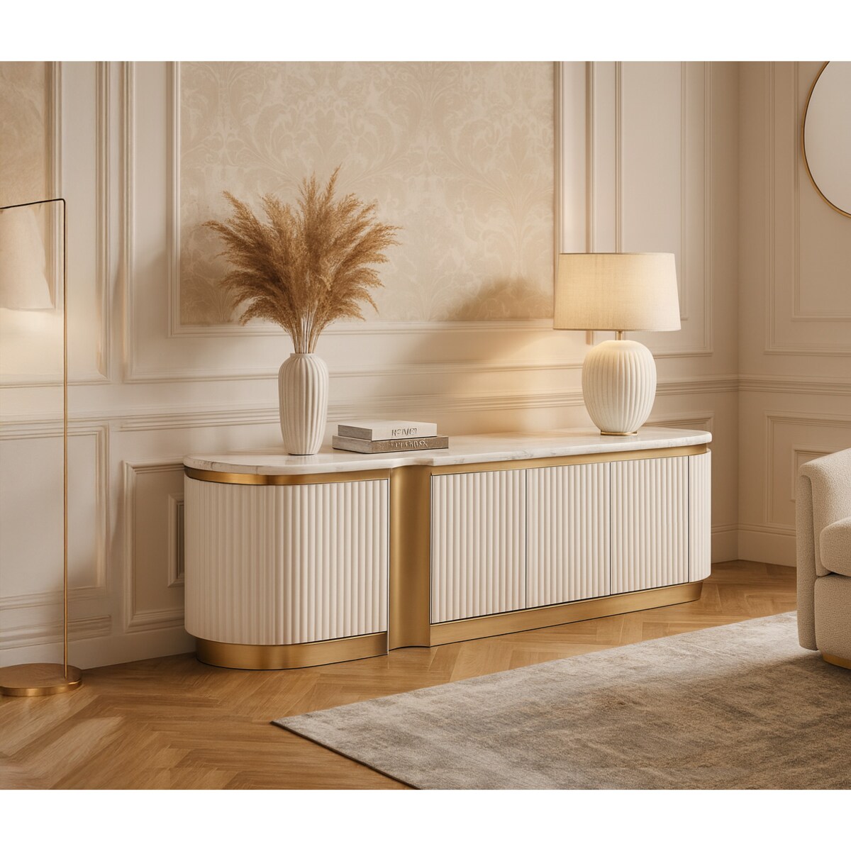 Ryflowana szafka RTV złota biała Nutris Glamour Premium z blatem marmurowym 200x40x50