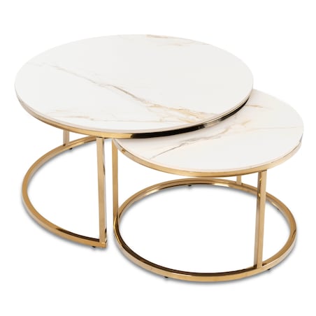 Stolik Kawowy Okrągły Zestaw 2w1 Ława Glamour Marmur Biały Złoty MILANO