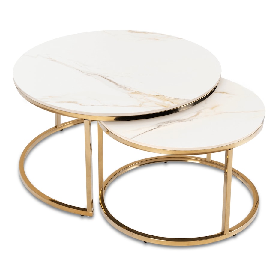 Stolik Kawowy Okrągły Zestaw 2w1 Ława Glamour Marmur Biały Złoty MILANO
