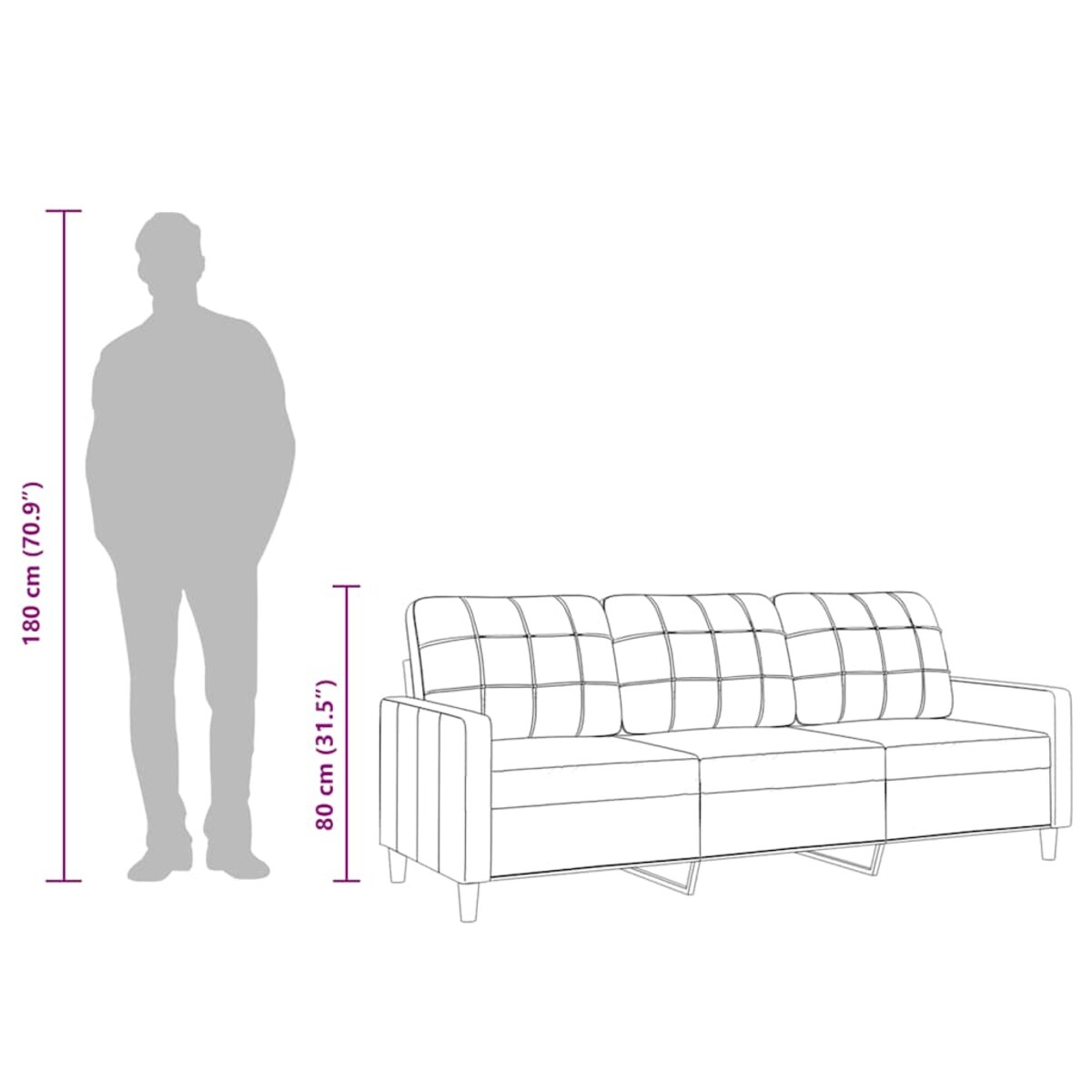 vidaXL Sofa 3-osobowa, jasnoszara, 180 cm, tapicerowana tkaniną