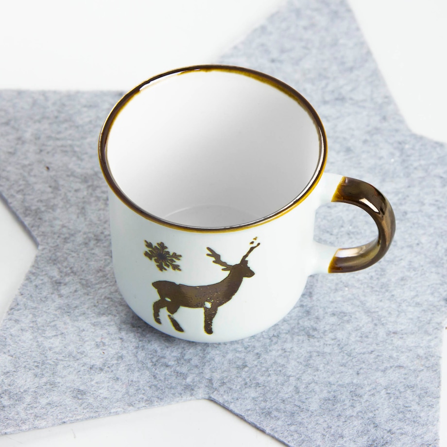 Kubek Porcelanowy Świąteczny Boże Narodzenie 400 Ml Biało-Złoty Renifer