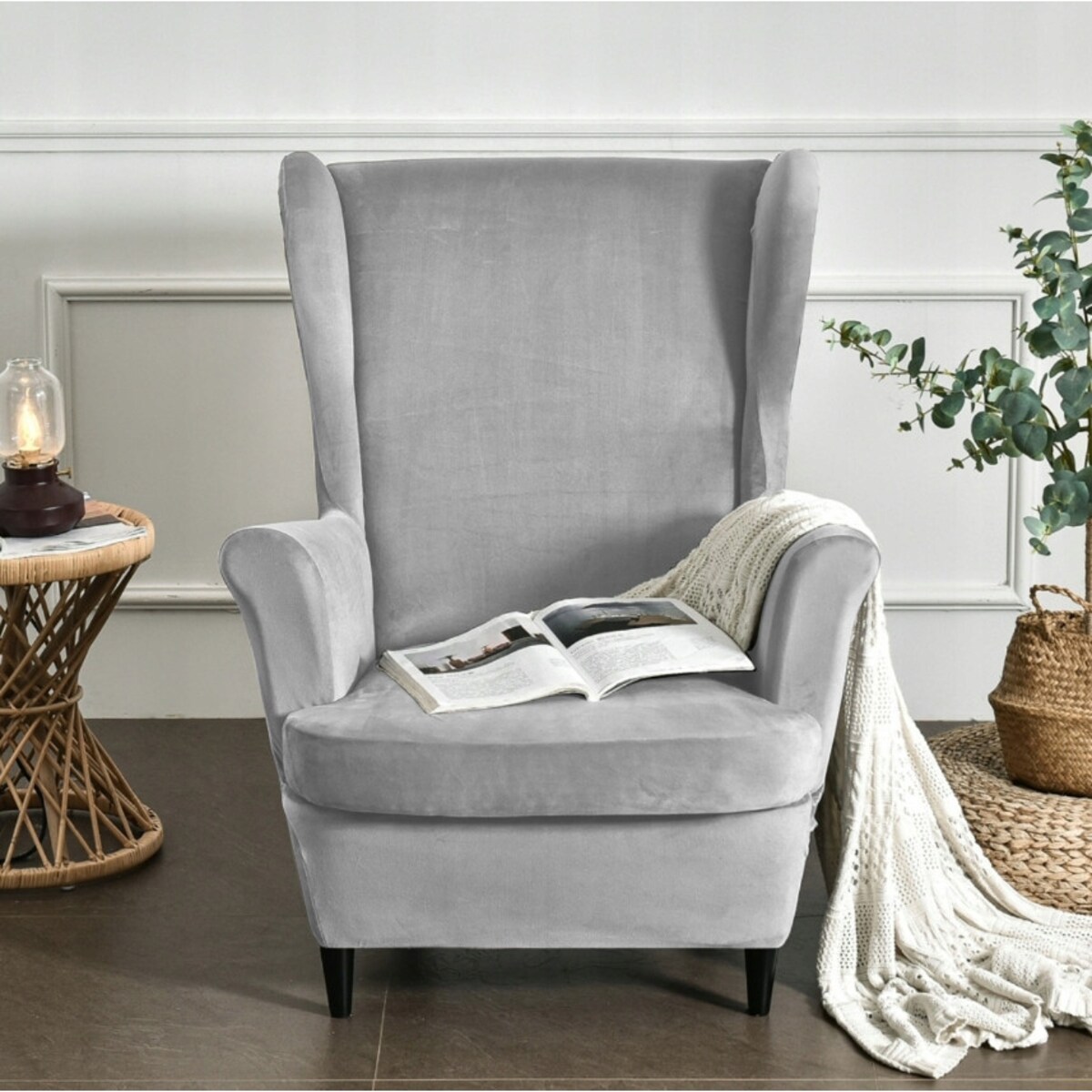 POKROWIEC NA FOTEL USZAK JASNY SZARY WELUR ELASTYCZNY [22E5]