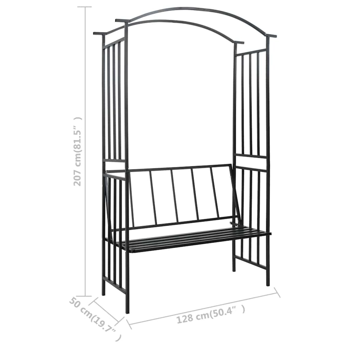 vidaXL Pergola ogrodowa z ławką, czarna, 128x50x207 cm, żelazna
