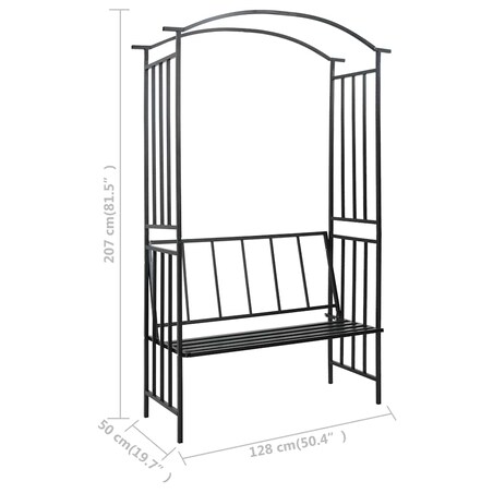 vidaXL Pergola ogrodowa z ławką, czarna, 128x50x207 cm, żelazna