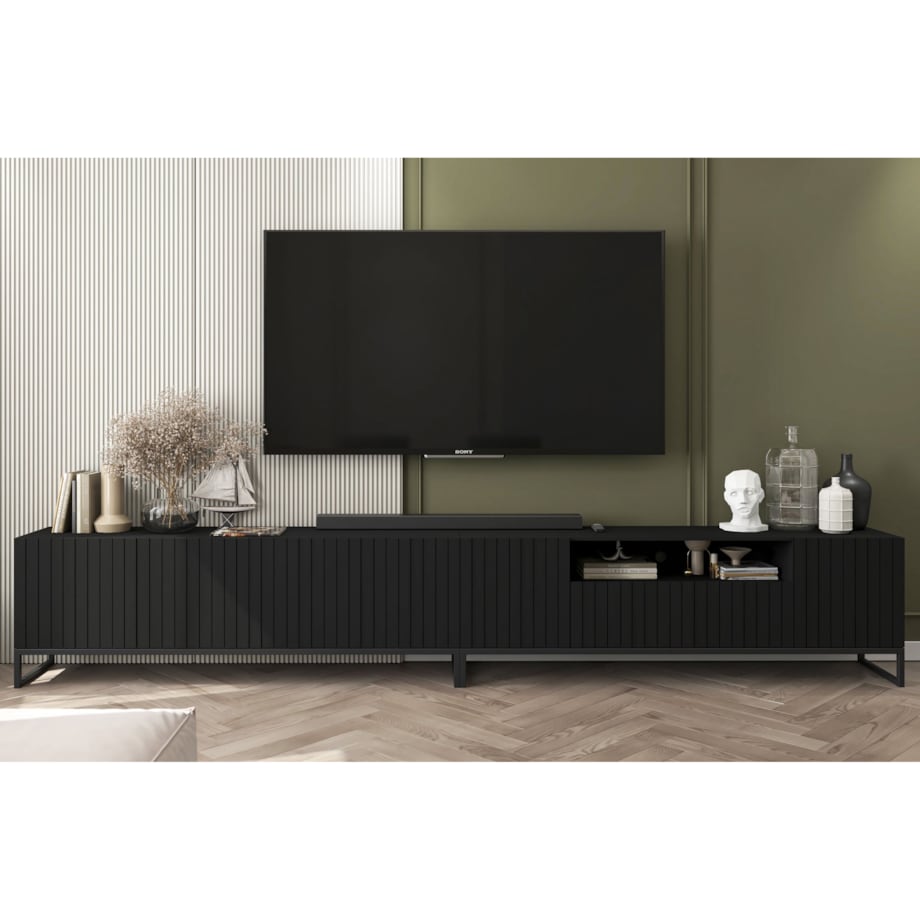 Nowoczesna Szafka RTV Glamour Komoda RTV Loft Ryflowane Fronty Czarny Mat 300 cm