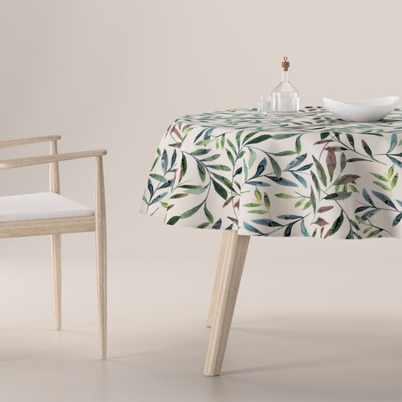 Obrus okrągły 160 x 160 cm zielone gałązki na białym tle