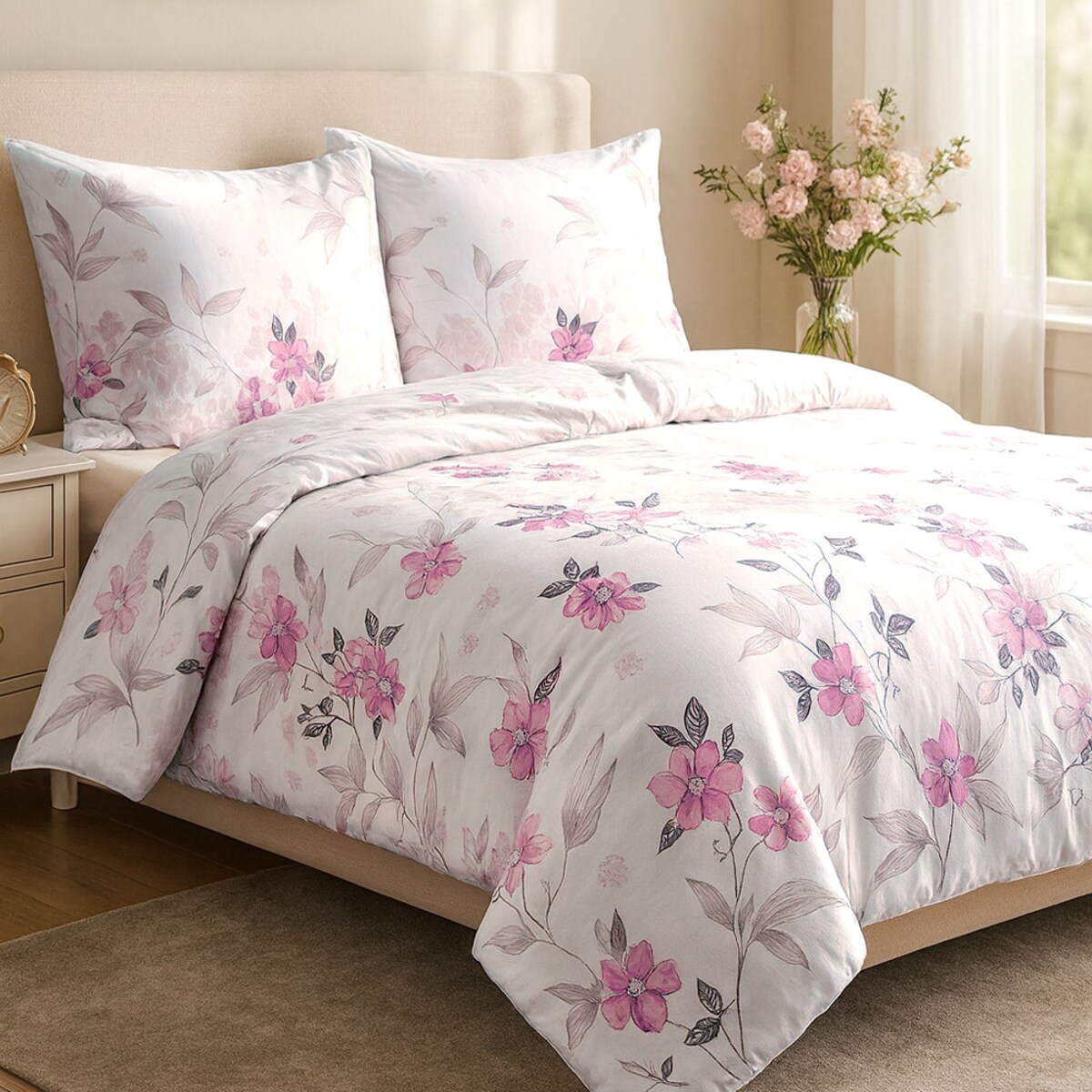 Pościel satyna bawełniana 140x200 Satynlove biała w różowe kwiaty