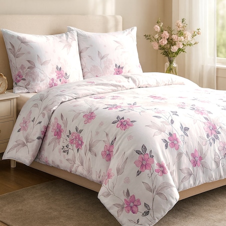 Pościel satyna bawełniana 140x200 Satynlove biała w różowe kwiaty