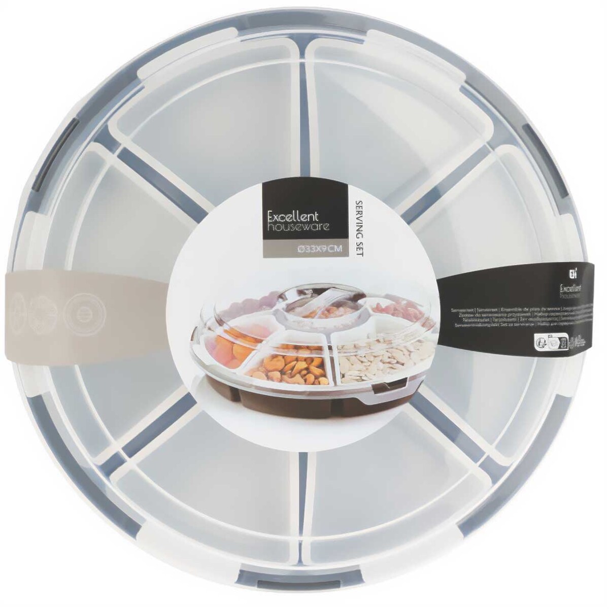 Przenośna taca na przekąski z wyciąganymi przegródkami, Ø 33 cm